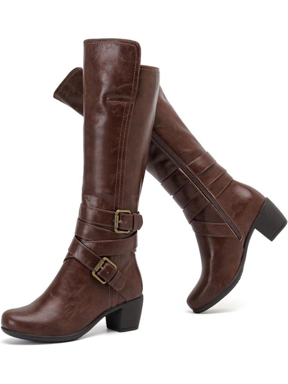 Women's Brown Chunky Heel Casual Side Zipper Round Toe Stylish Knee High Boots